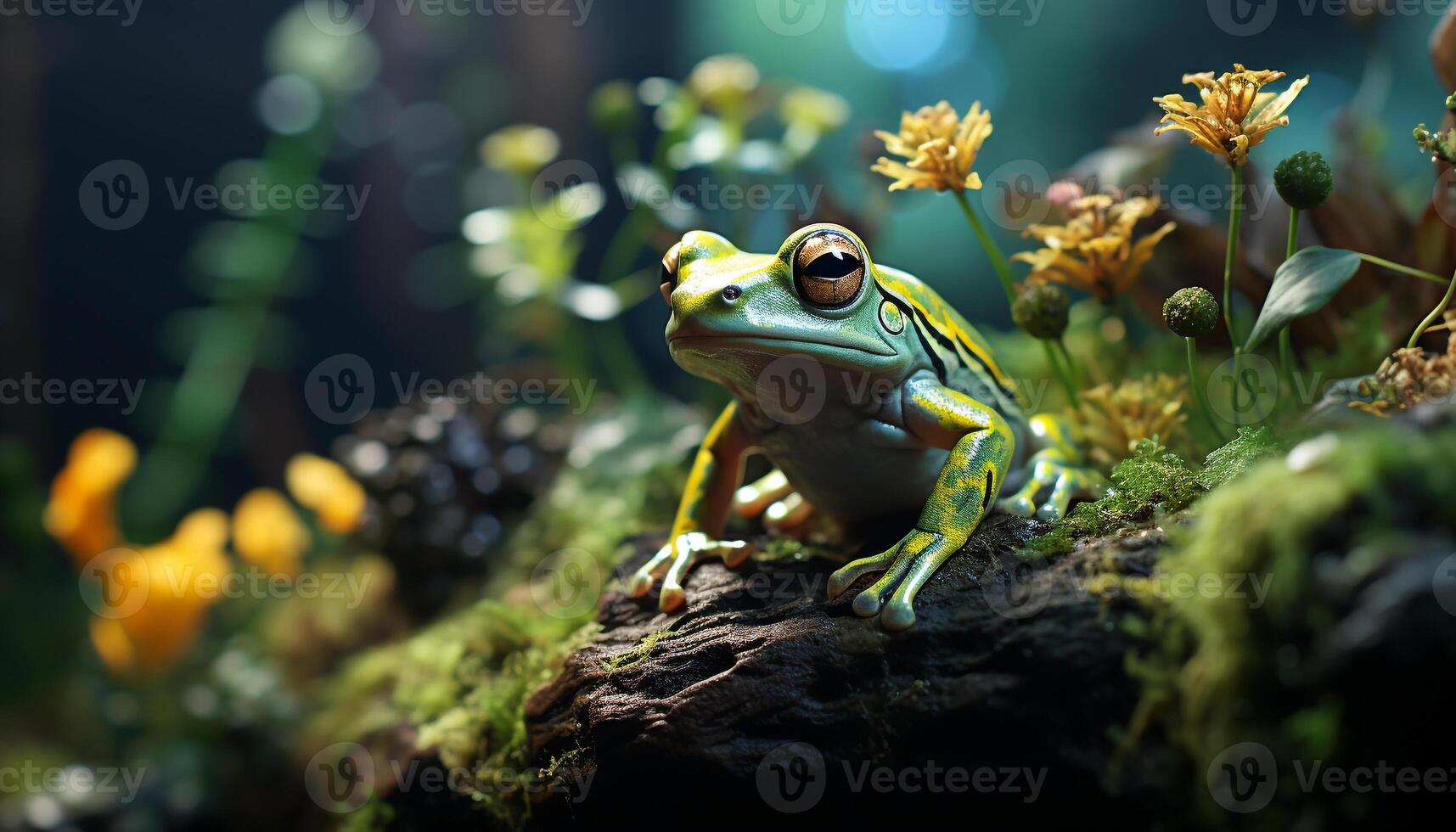 ai généré vert crapaud séance sur feuille, en train de regarder la nature généré par ai photo