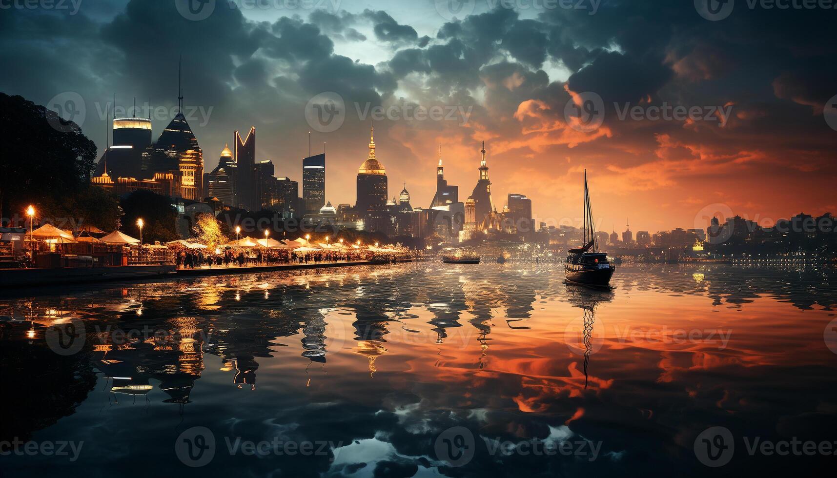 ai généré ville horizon reflète dans l'eau à crépuscule généré par ai photo