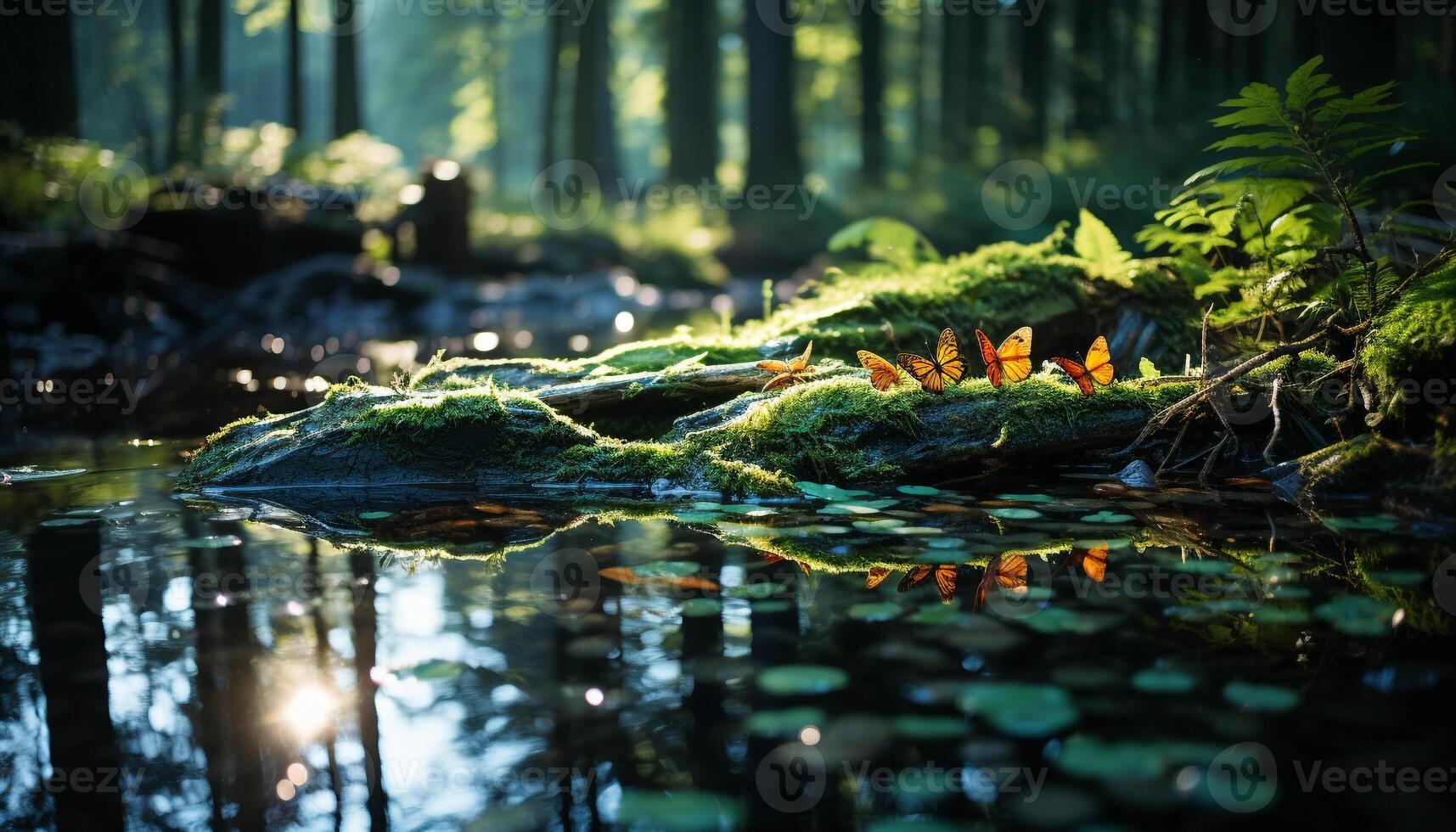 ai généré tranquille scène de une vert forêt dans l'automne généré par ai photo