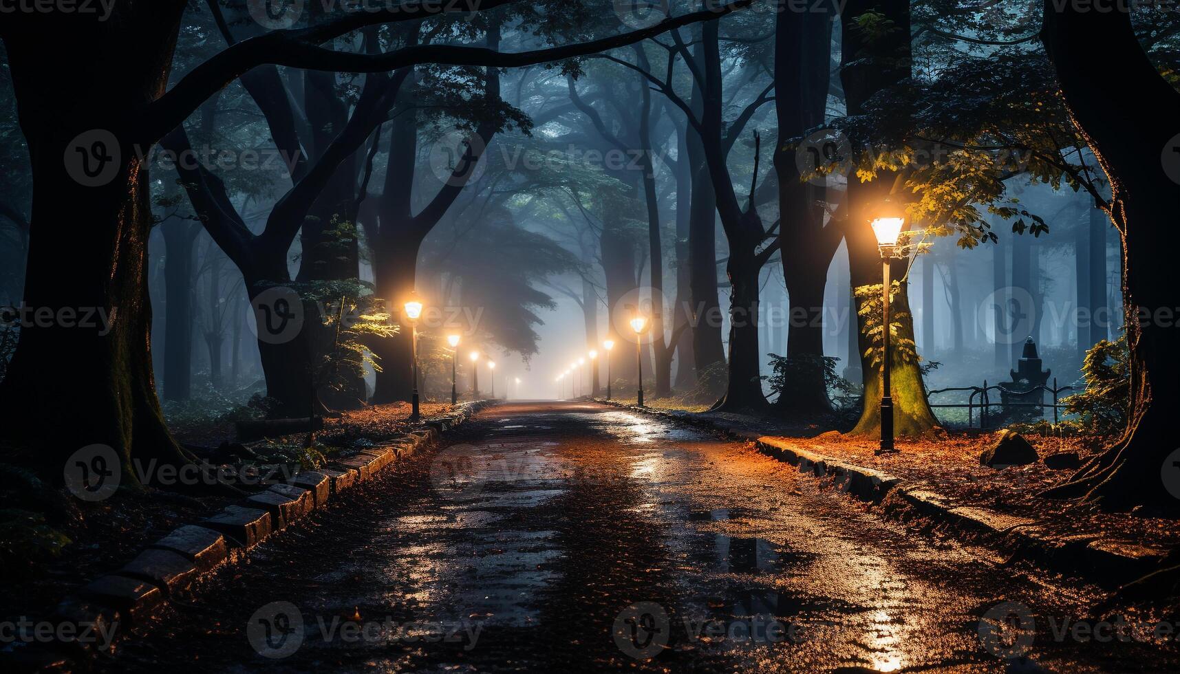 ai généré effrayant l'automne forêt illuminé par lanternes à crépuscule généré par ai photo