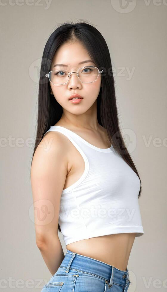 ai généré photo de magnifique Jeune asiatique femme avec surgir blanc Haut et jeans un des lunettes permanent à blanc toile de fond, génératif ai