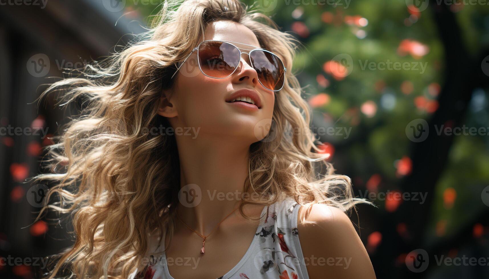 ai généré souriant Jeune femme avec des lunettes de soleil jouit le en plein air généré par ai photo