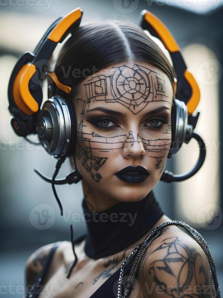 ai généré portrait de magnifique cyber punk Jeune tatoué femme, futuriste mode concept photo