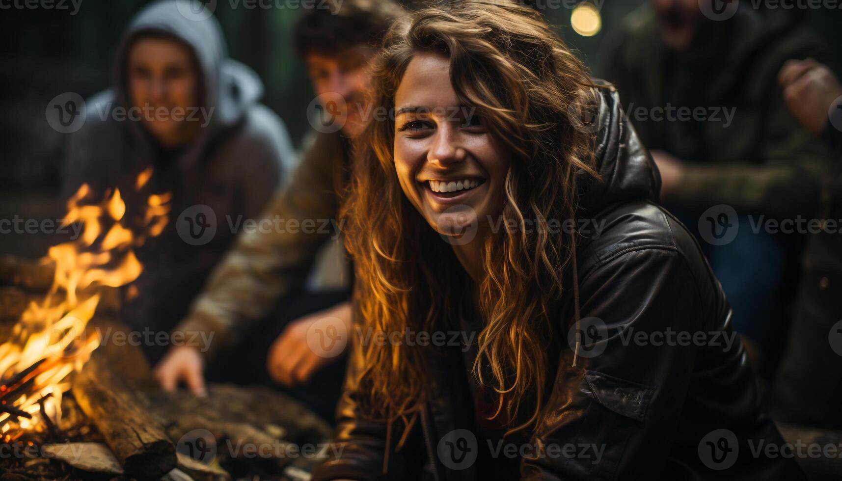 ai généré souriant Hommes et femmes profiter feu de camp dans la nature généré par ai photo