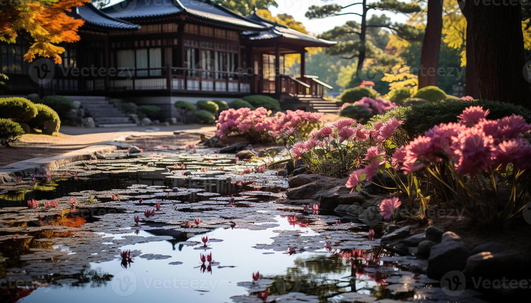 ai généré coloré fleurs Floraison dans une tranquille Japonais jardin généré par ai photo