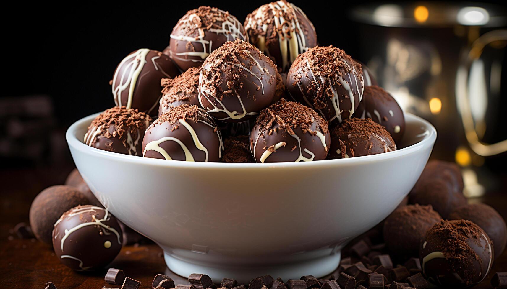 ai généré gourmet Chocolat truffe balle, indulgence sur bois généré par ai photo