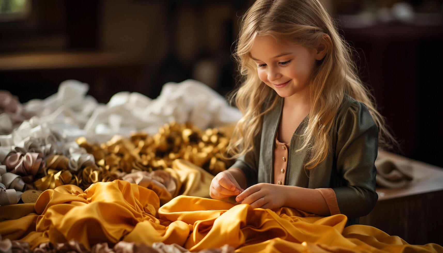 ai généré souriant blond fille artisanat, profiter la créativité à Accueil généré par ai photo