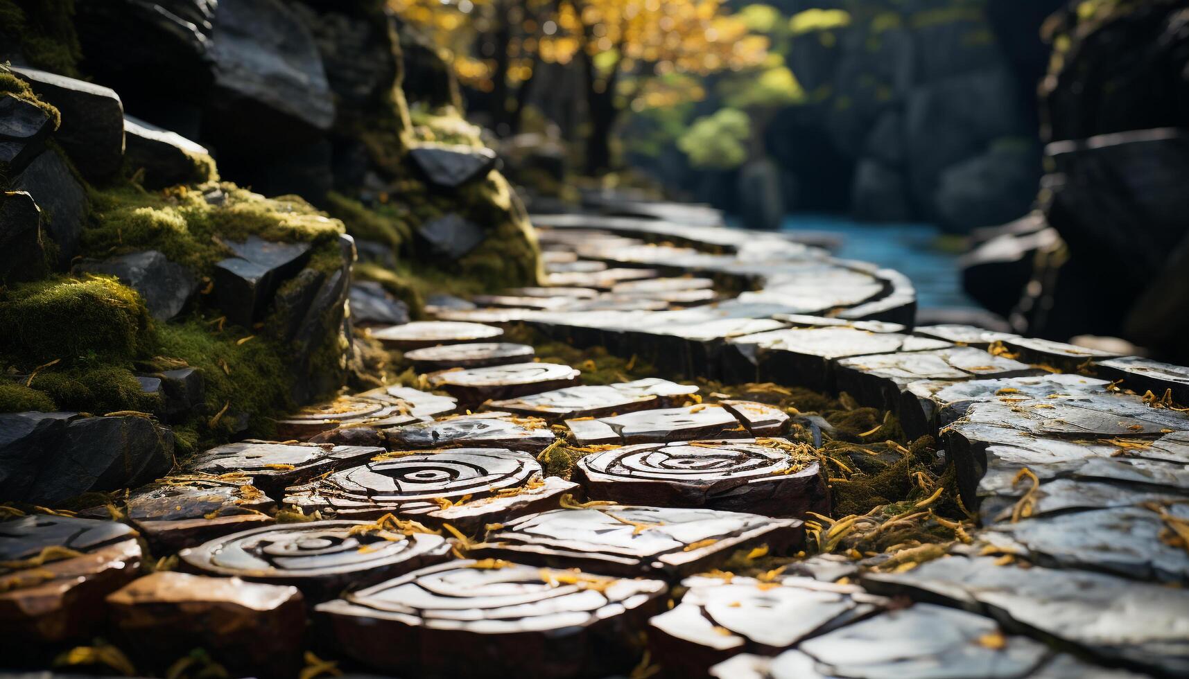 ai généré l'automne forêt, vert feuilles, Jaune des arbres, écoulement l'eau généré par ai photo