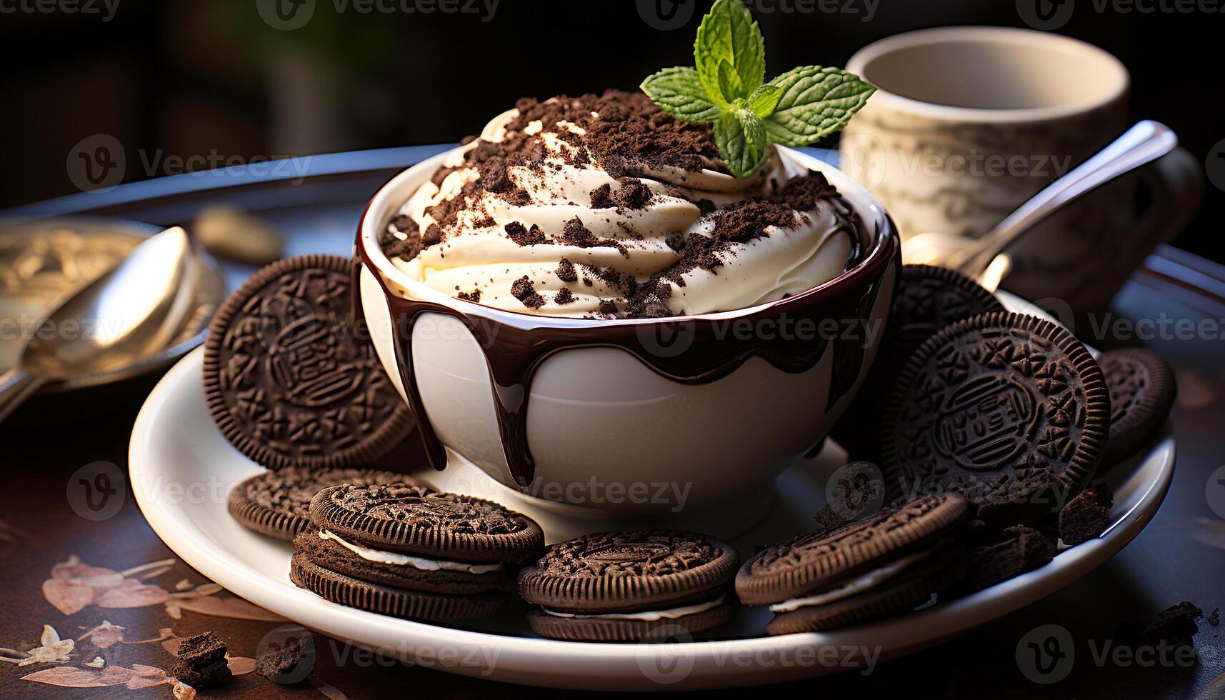 ai généré gourmet dessert, Chocolat crème sur Frais assiette généré par ai photo