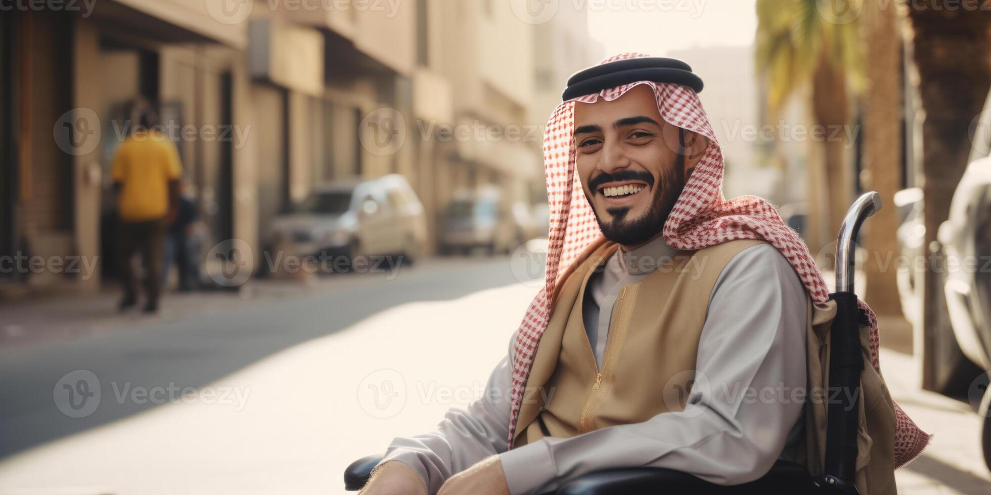 ai généré souriant homme dans fauteuil roulant en plein air photo