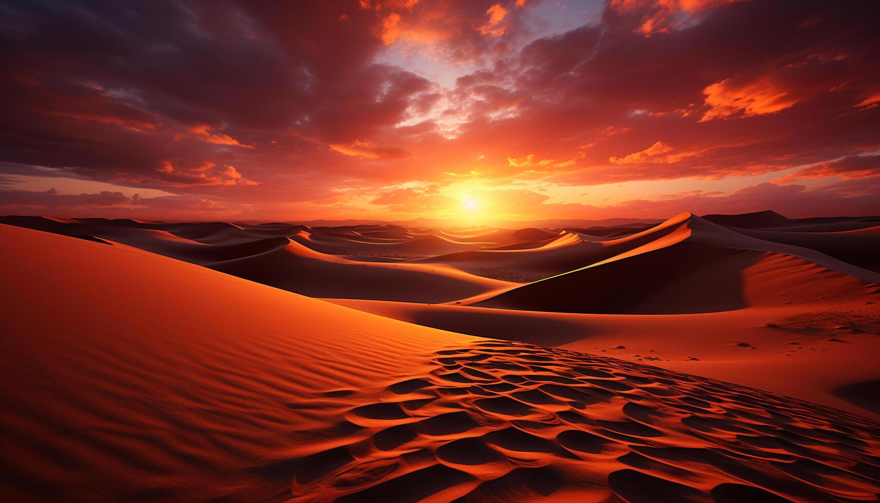 ai généré le coucher du soleil plus de le sable dunes crée une majestueux paysage généré par ai photo