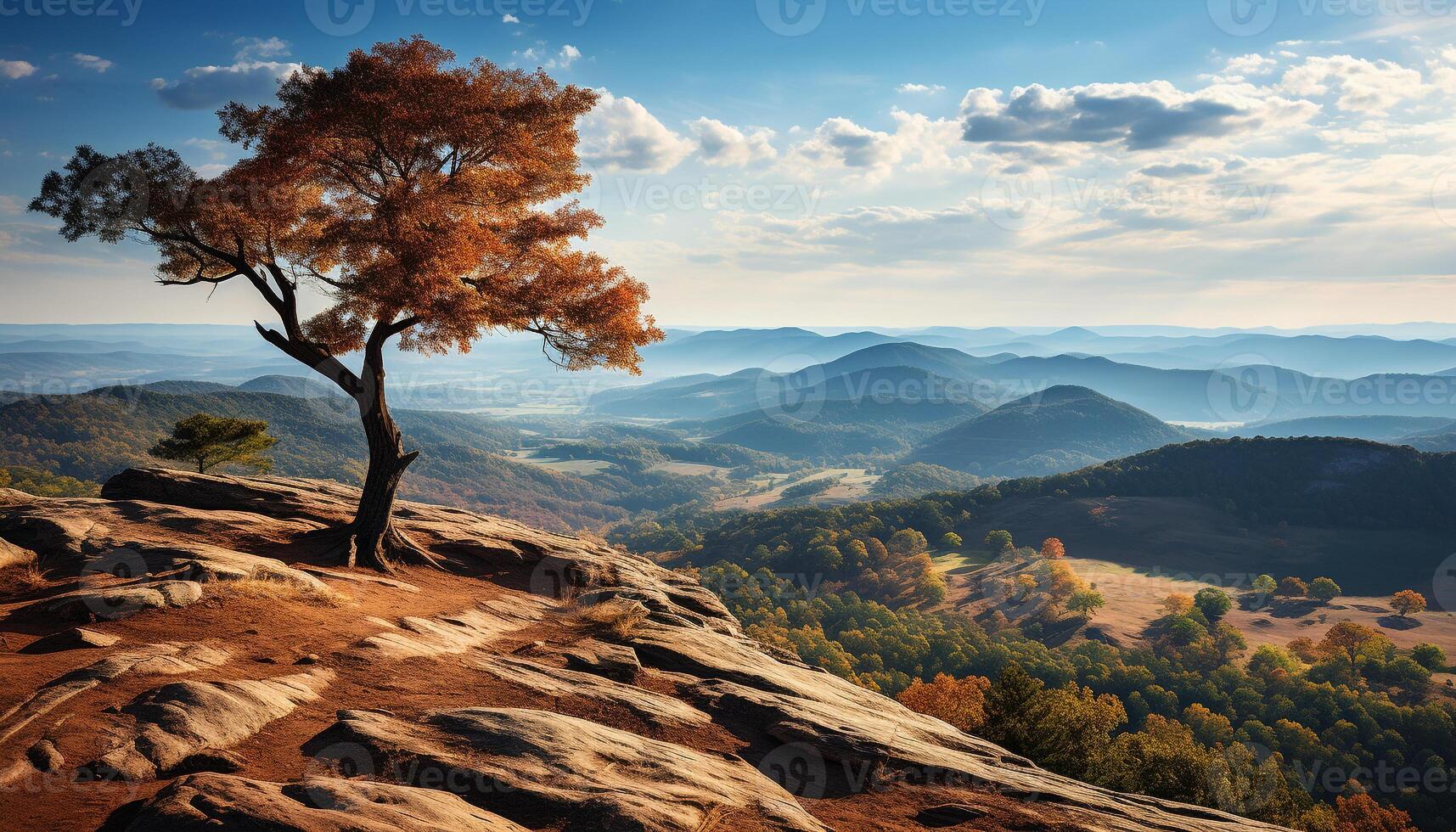 ai généré majestueux Montagne culminer, tranquille coucher de soleil, vert forêt généré par ai photo