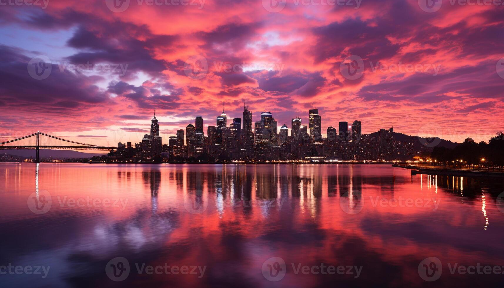 ai généré paysage urbain à coucher de soleil, Urbain horizon reflète dans l'eau généré par ai photo