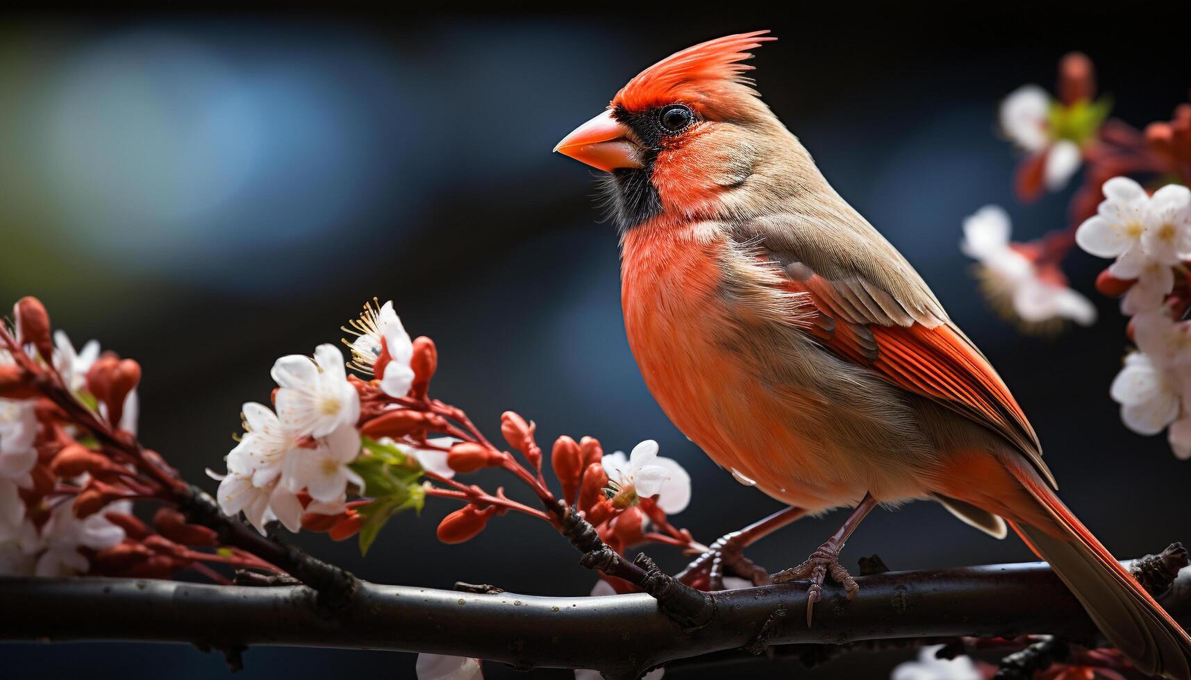 ai généré vibrant cardinal perché sur bifurquer, entouré par fleurs généré par ai photo