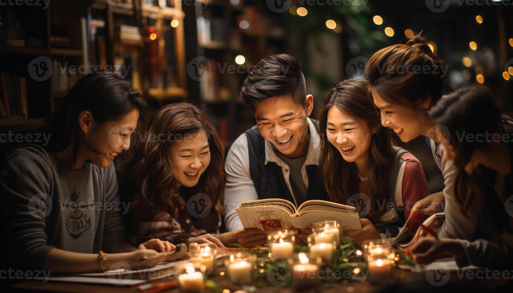 ai généré groupe de les enfants en train de lire ensemble, souriant avec bonheur généré par ai photo