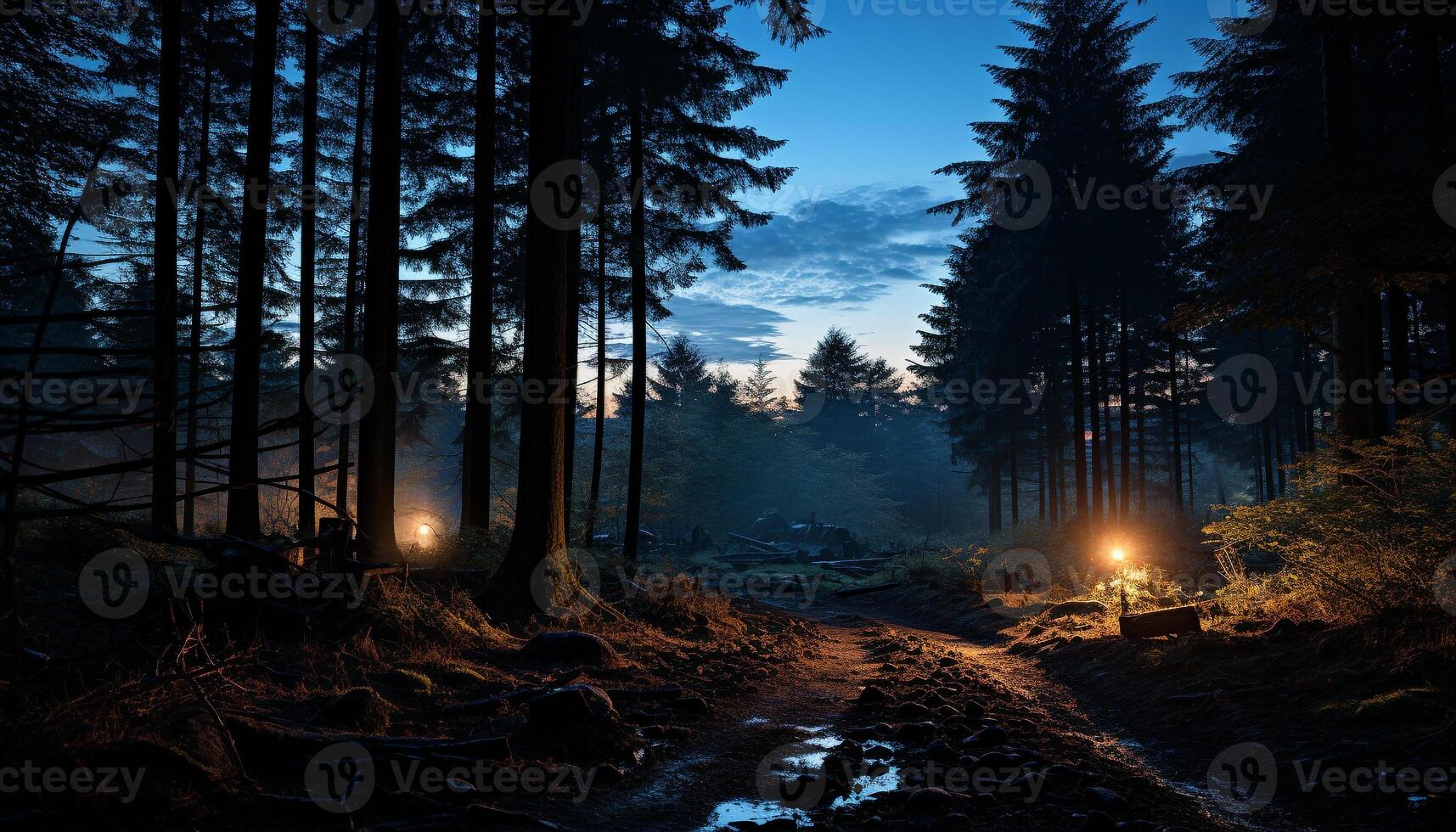 ai généré mystérieux hiver nuit, illuminé par le lune généré par ai photo