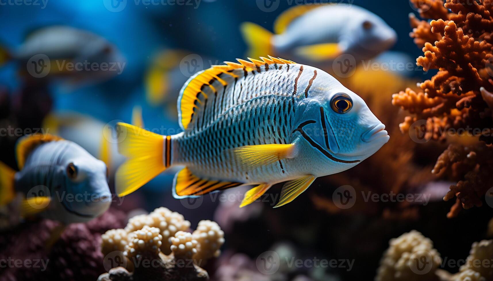 ai généré coloré pitre poisson nager dans une vibrant récif généré par ai photo