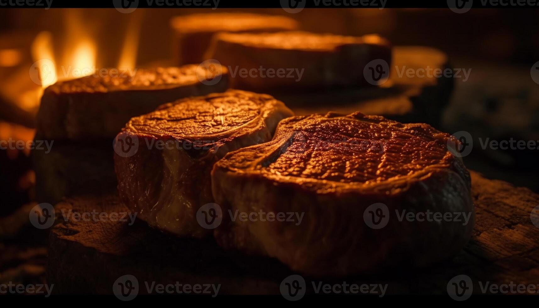 ai généré grillé Viande tranche sur rustique en bois tableau, Frais et délicieux généré par ai photo