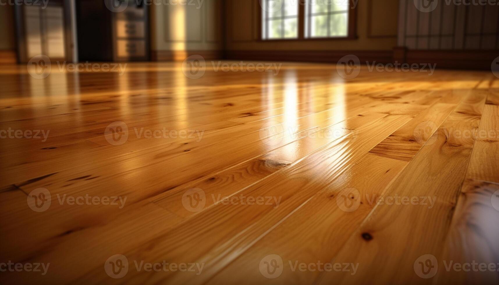 ai généré en bois sol dans une moderne maison, avec lumière du soleil éclairant le pièce généré par ai photo