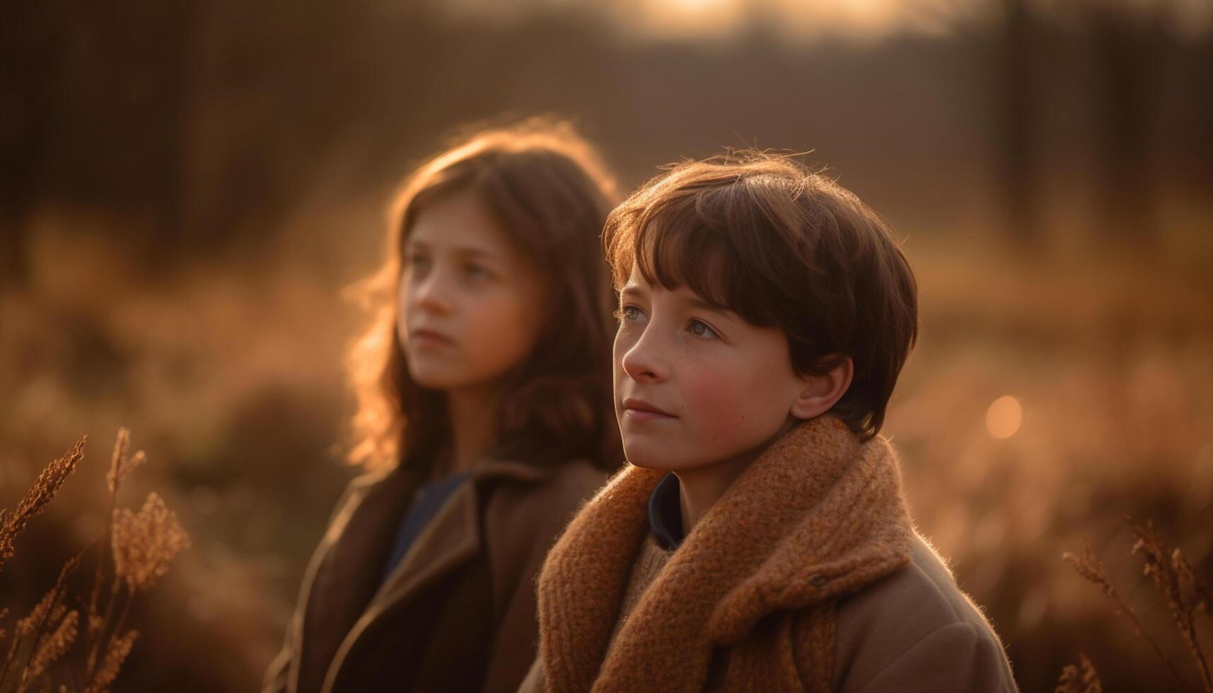 ai généré deux mignonne caucasien garçons souriant dans une le coucher du soleil portrait en plein air généré par ai photo