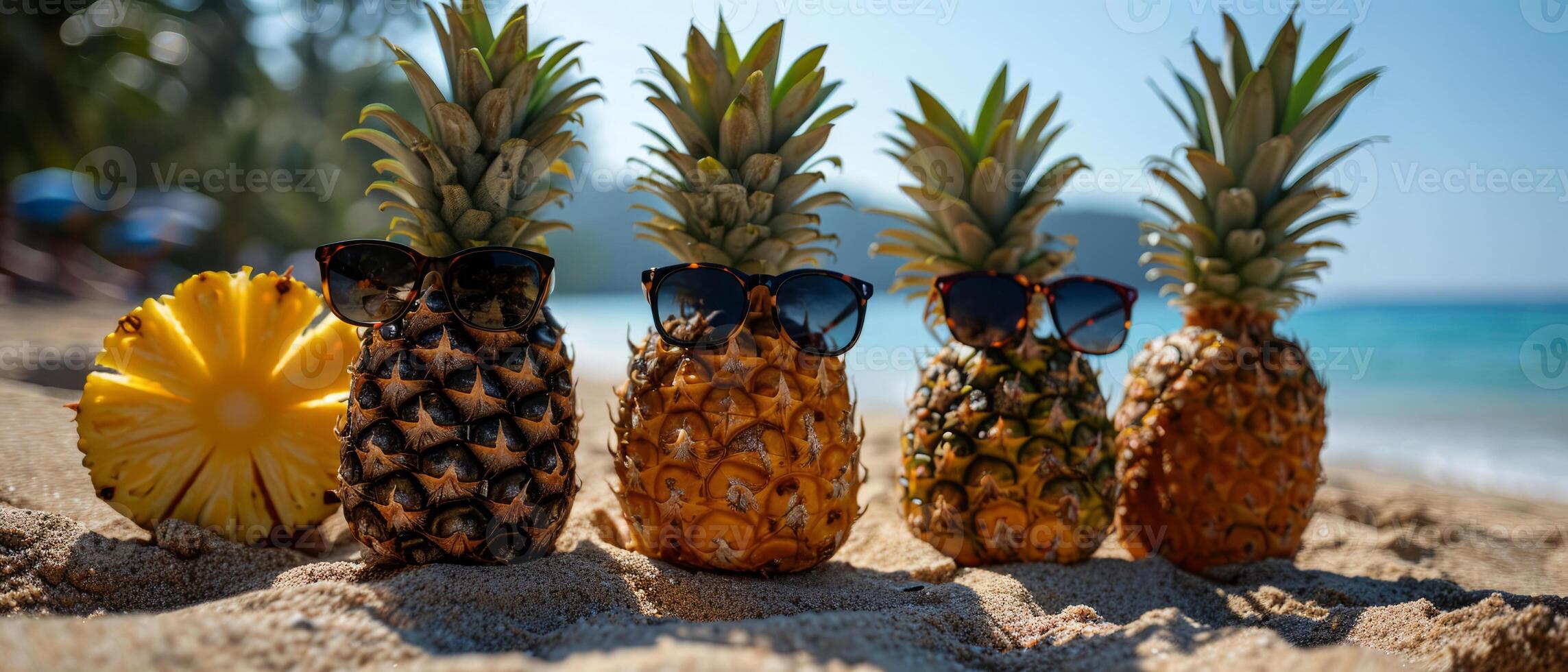 ai généré une excentrique de Ananas portant des lunettes de soleil sur une ensoleillé plage photo