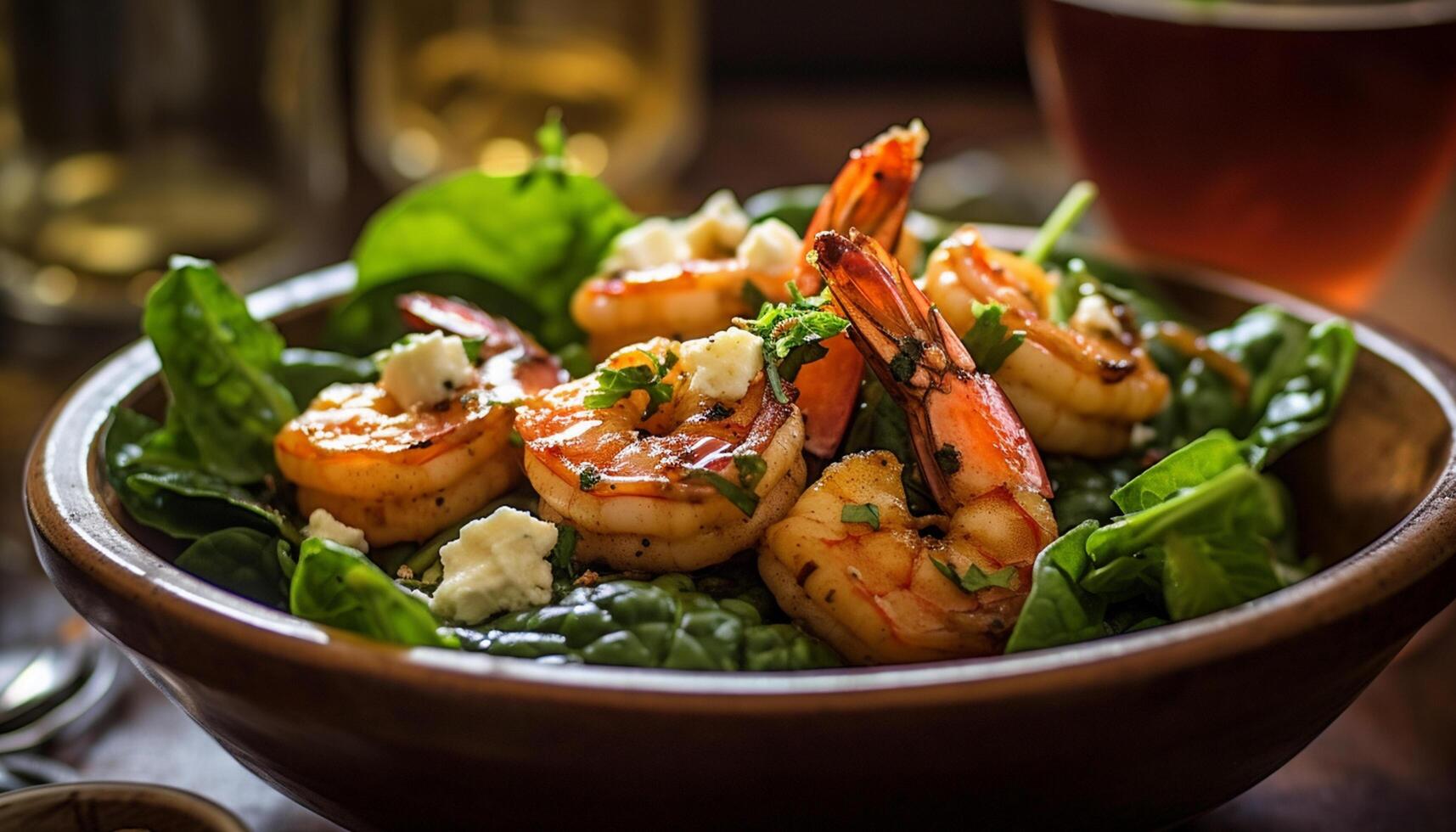 ai généré grillé crevette salade, une gourmet repas de Frais Fruit de mer la bonté généré par ai photo