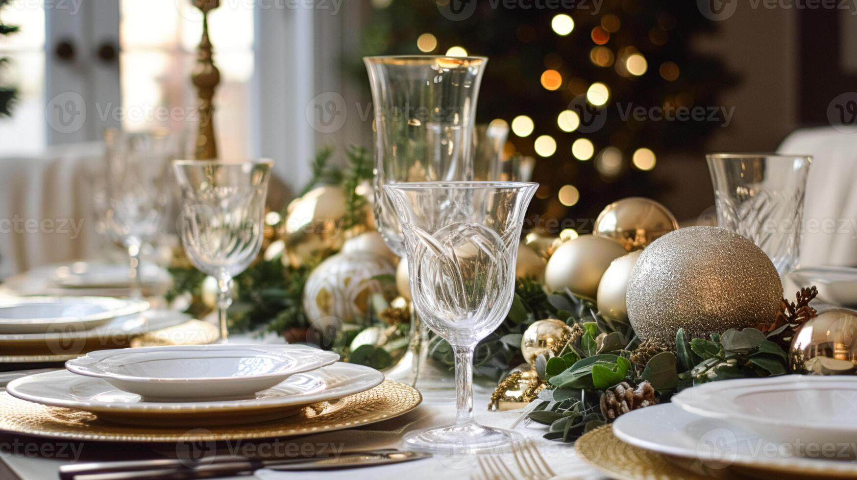 ai généré table décor, vacances paysage de table et formel dîner table réglage pour Noël, vacances et un événement fête, Anglais pays décoration et Accueil coiffant photo