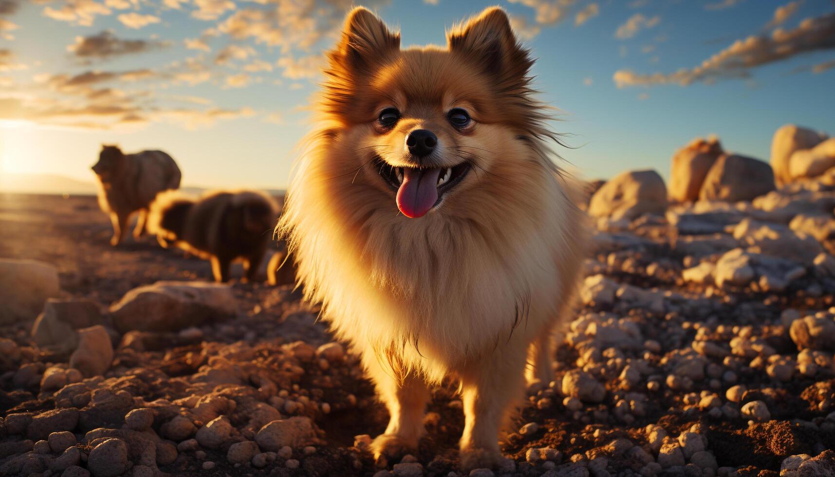 ai généré mignonne chiot séance dans herbe, profiter le le coucher du soleil généré par ai photo