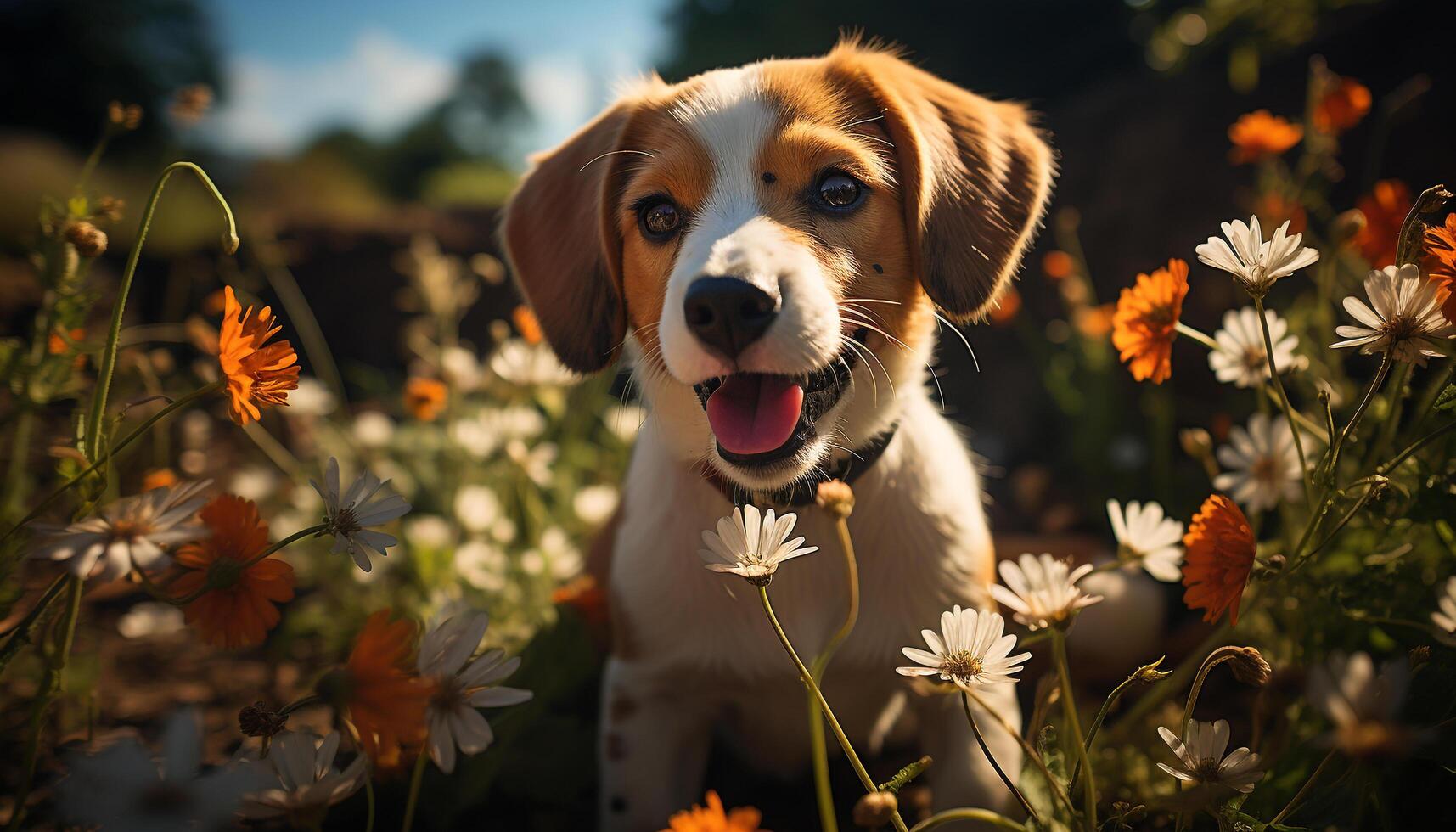 ai généré mignonne chiot séance dans prairie, profiter la nature généré par ai photo