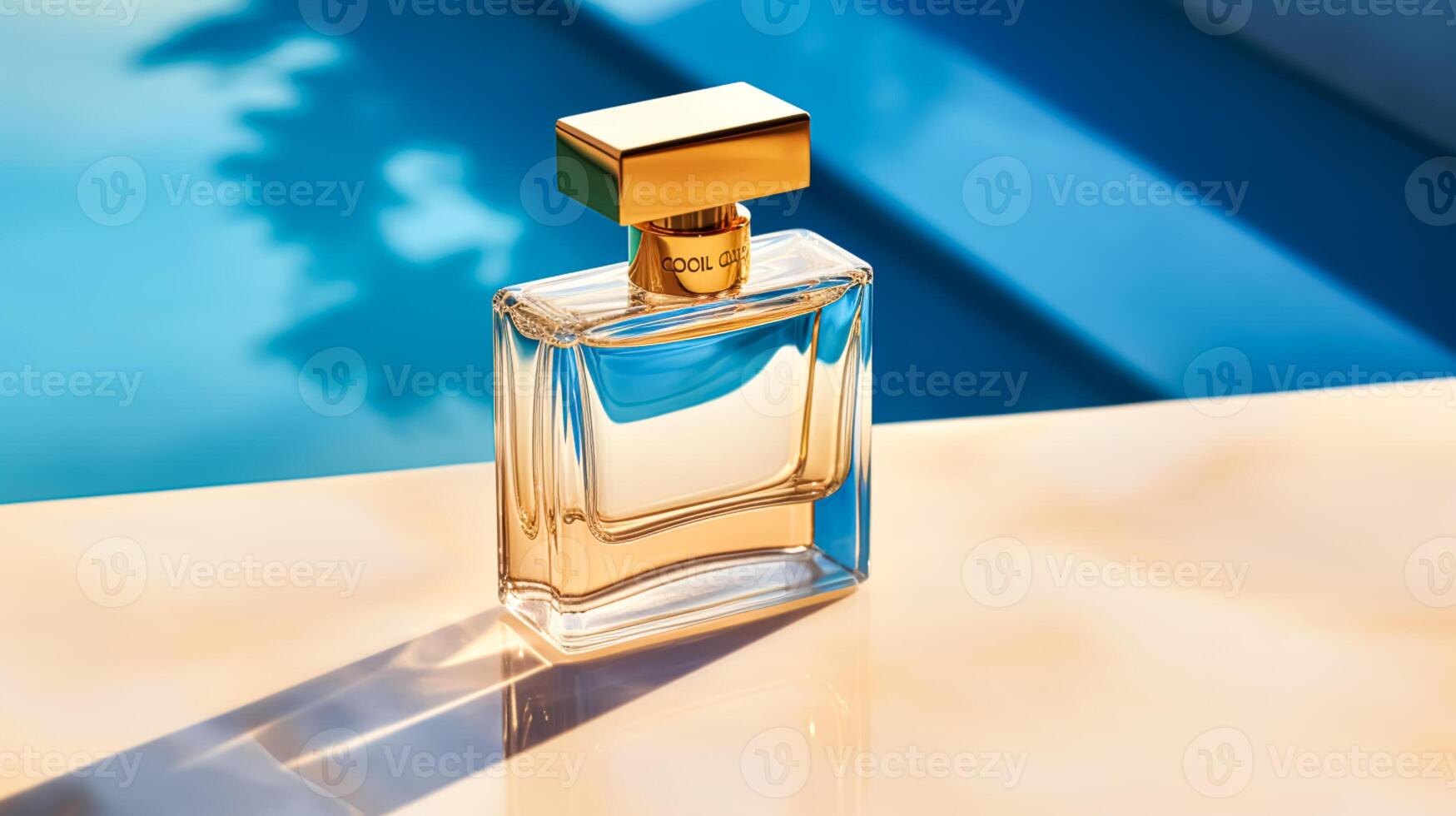 ai généré luxe aux femmes fragrance, bouteille de parfum parfum par le nager bassin dans été, sur mesure parfumerie et beauté produit vente commercial, génératif ai photo