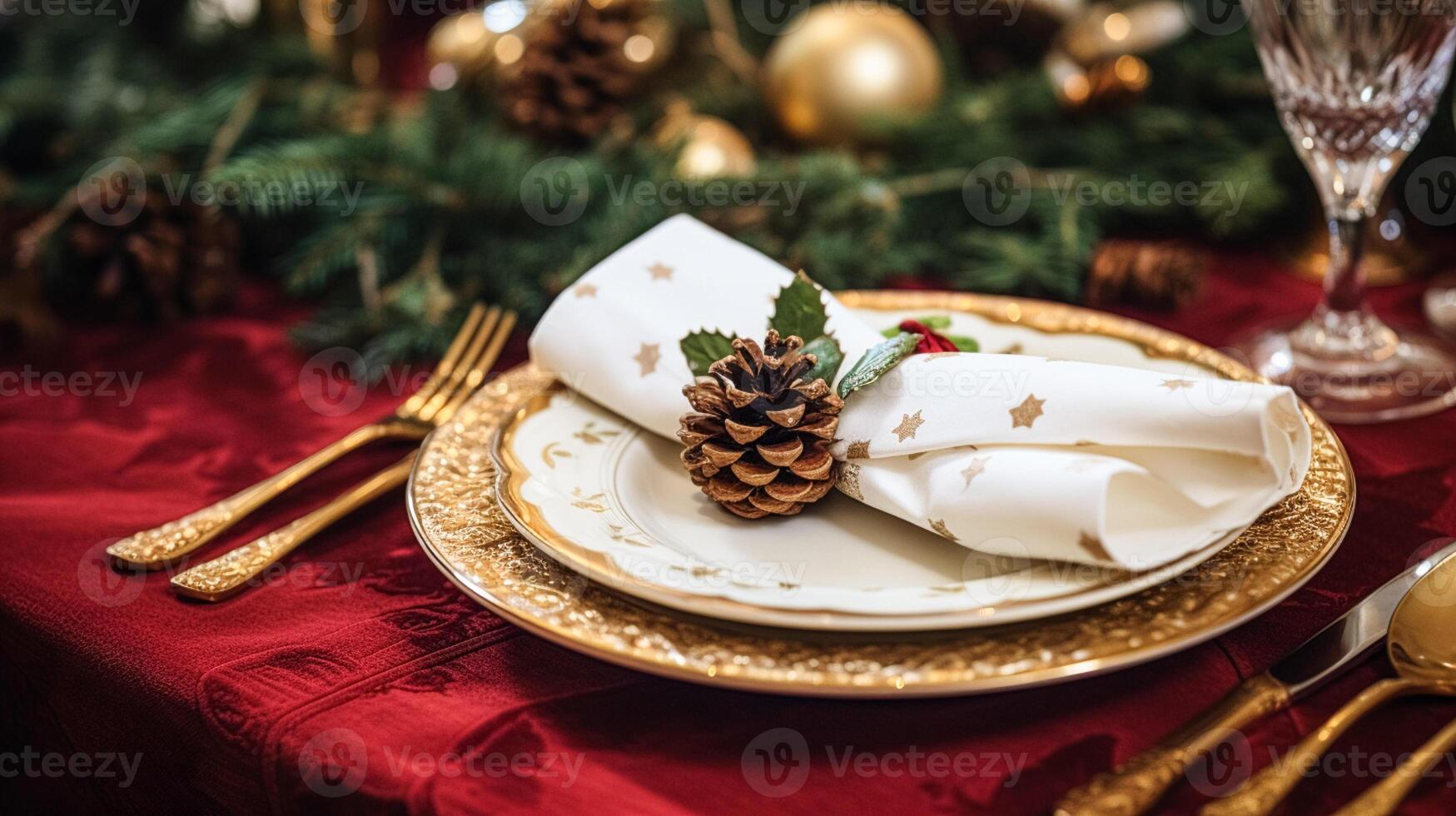 ai généré Noël table décor, vacances paysage de table et dîner table paramètre, formel un événement décoration pour Nouveau année, famille fête, Anglais pays et Accueil coiffant photo