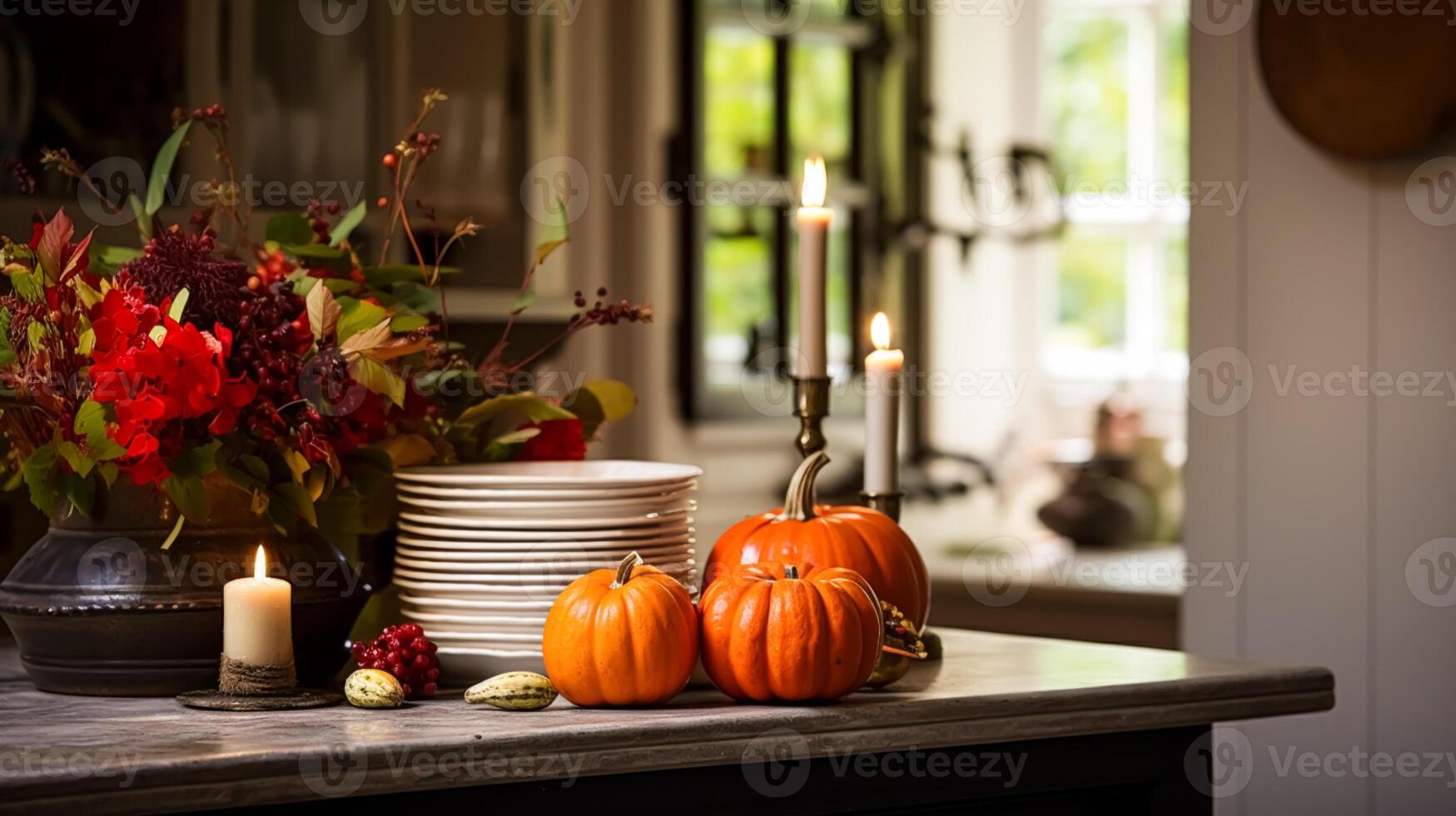 ai généré automnal cuisine décor, intérieur conception et maison décoration, classique Anglais cuisine décoré pour l'automne saison dans une pays loger, élégant chalet style photo