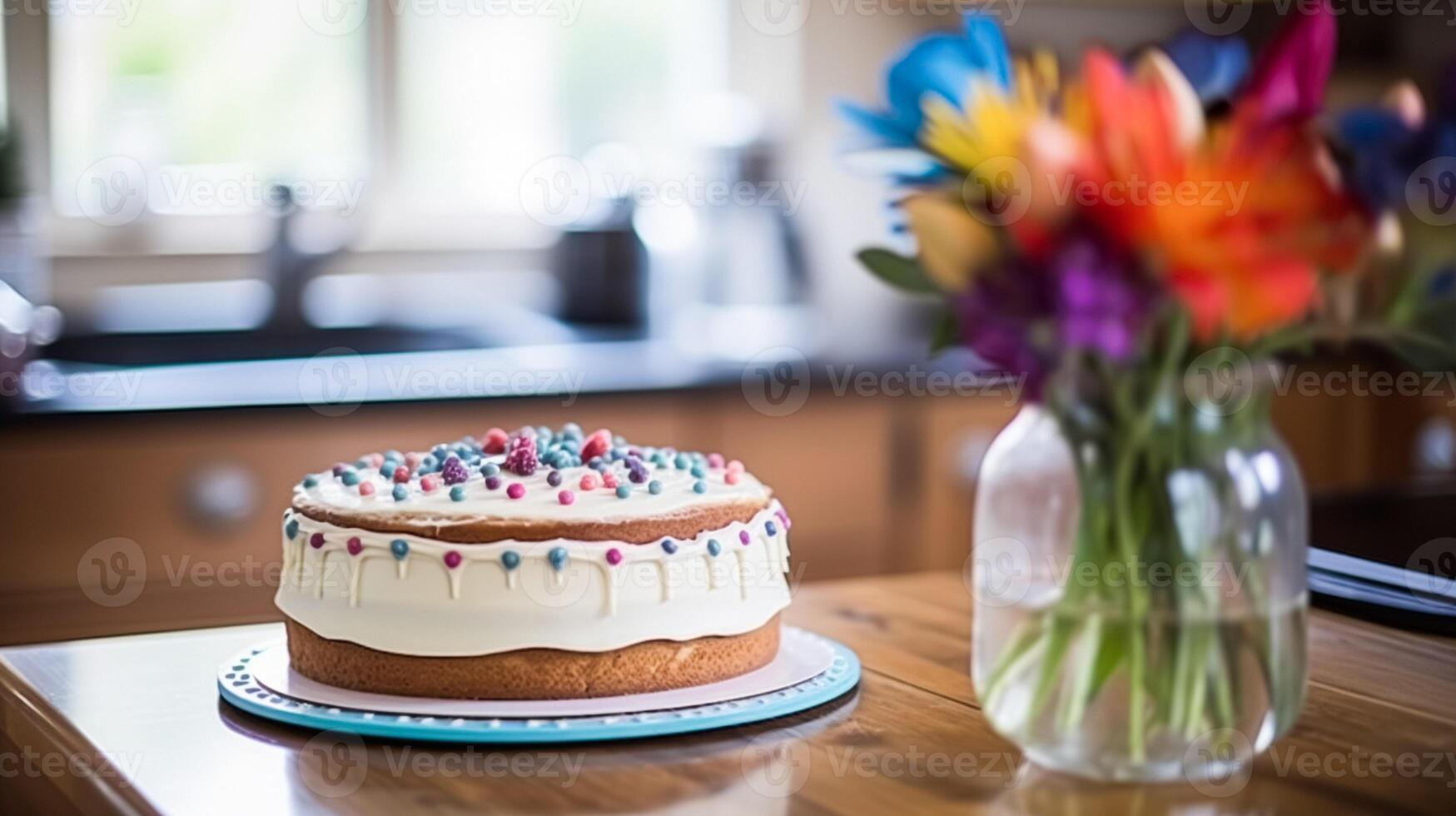 ai généré fait maison anniversaire gâteau dans le Anglais campagne loger, chalet cuisine nourriture et vacances cuisson recette photo