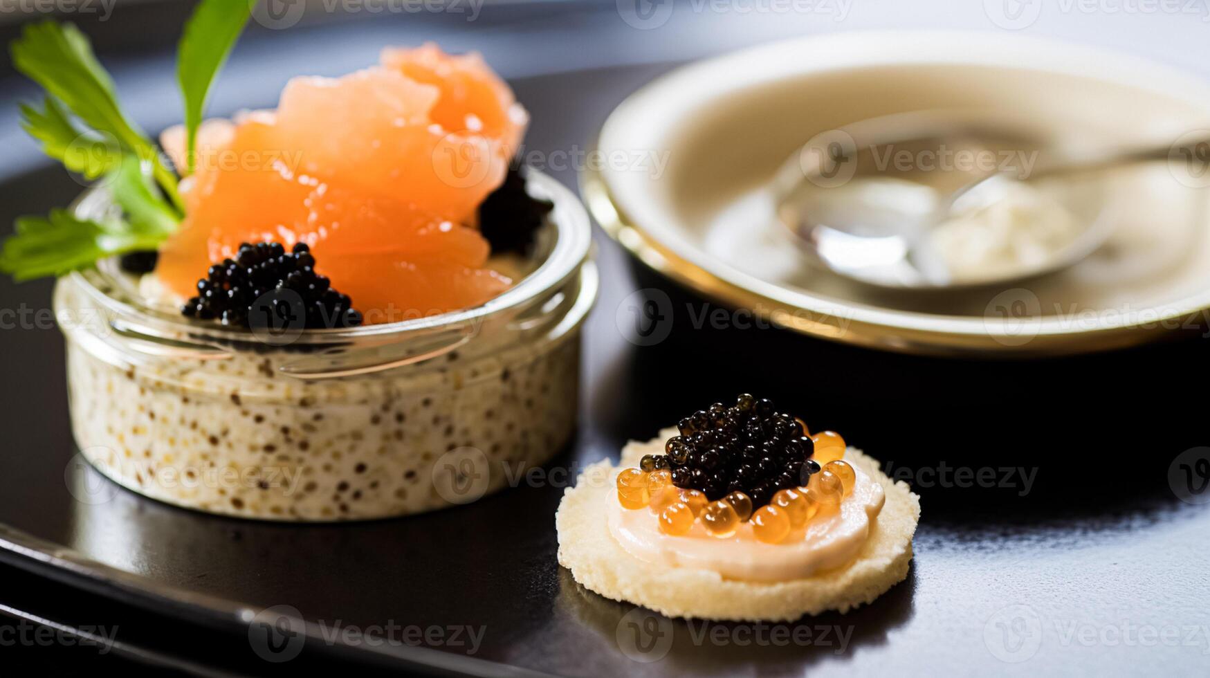 ai généré nourriture, hospitalité et pièce service, entrée apéritifs avec caviar comme exquis cuisine dans Hôtel restaurant une la carte menu, culinaire art et bien à manger photo