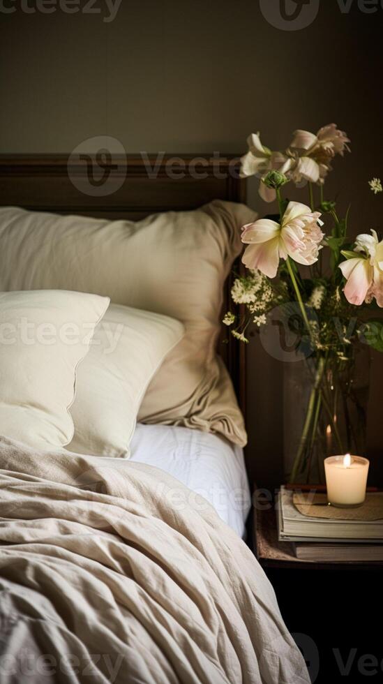 ai généré chambre décor, moderne chalet intérieur conception et Accueil décor, lit lin et élégant pays literie, lampe et fleurs, Anglais campagne maison style photo