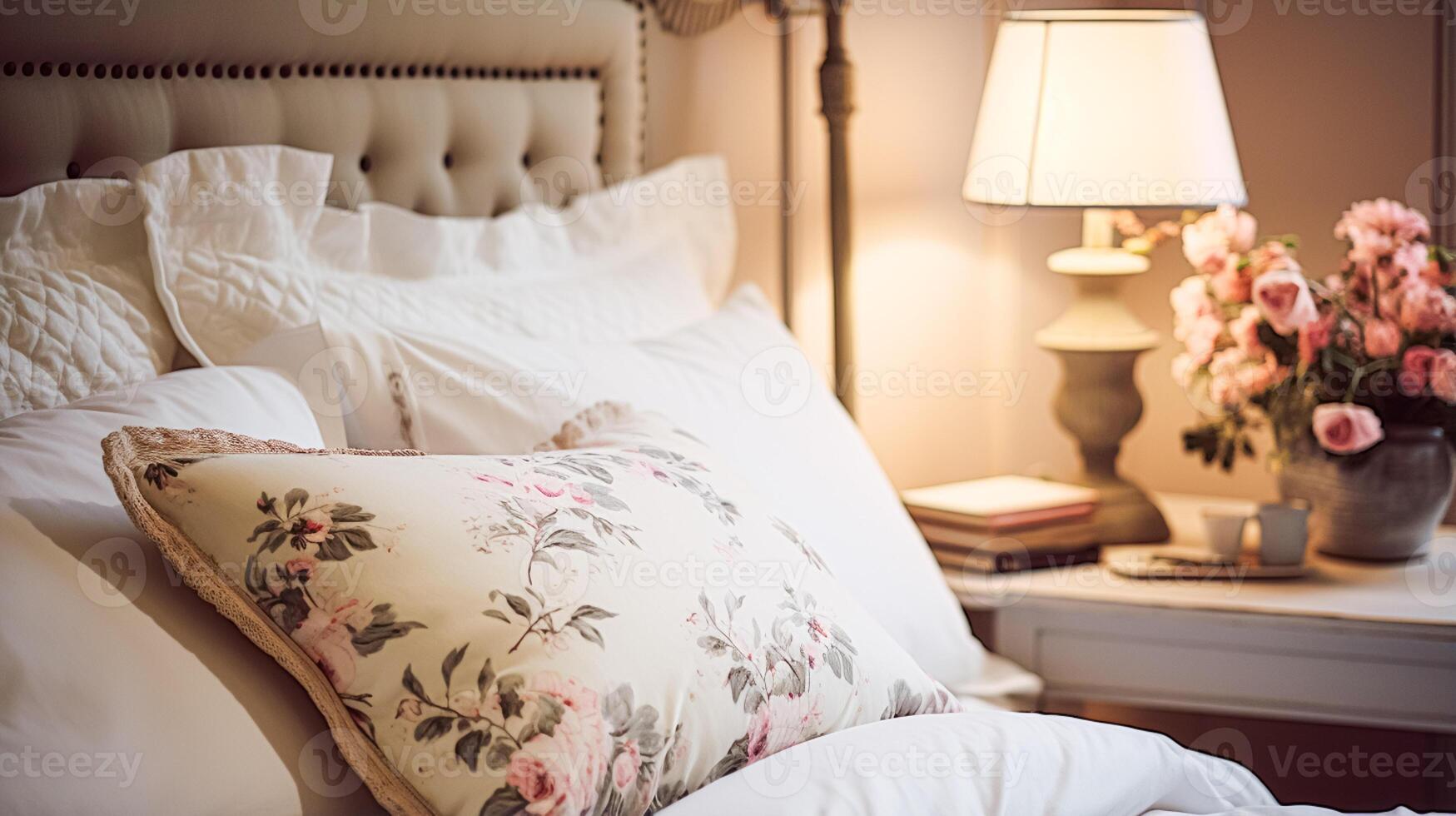 ai généré chambre décor, moderne chalet intérieur conception et Accueil décor, lit lin et élégant pays literie style, lampe et fleurs, Anglais campagne maison ou vacances de location photo