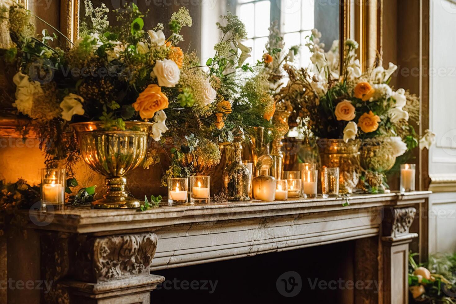 ai généré floral décoration, mariage décor et l'automne vacances fête, automnal fleurs et un événement décorations dans le Anglais campagne Manoir domaine, pays style photo