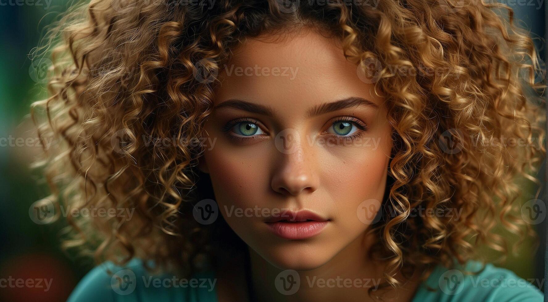 ai généré portrait de une mode femme, frisé Cheveux de une femme, portrait de une jolie Jeune mode modèle, jolie mode fille dans studio, frisé aux cheveux femme photo