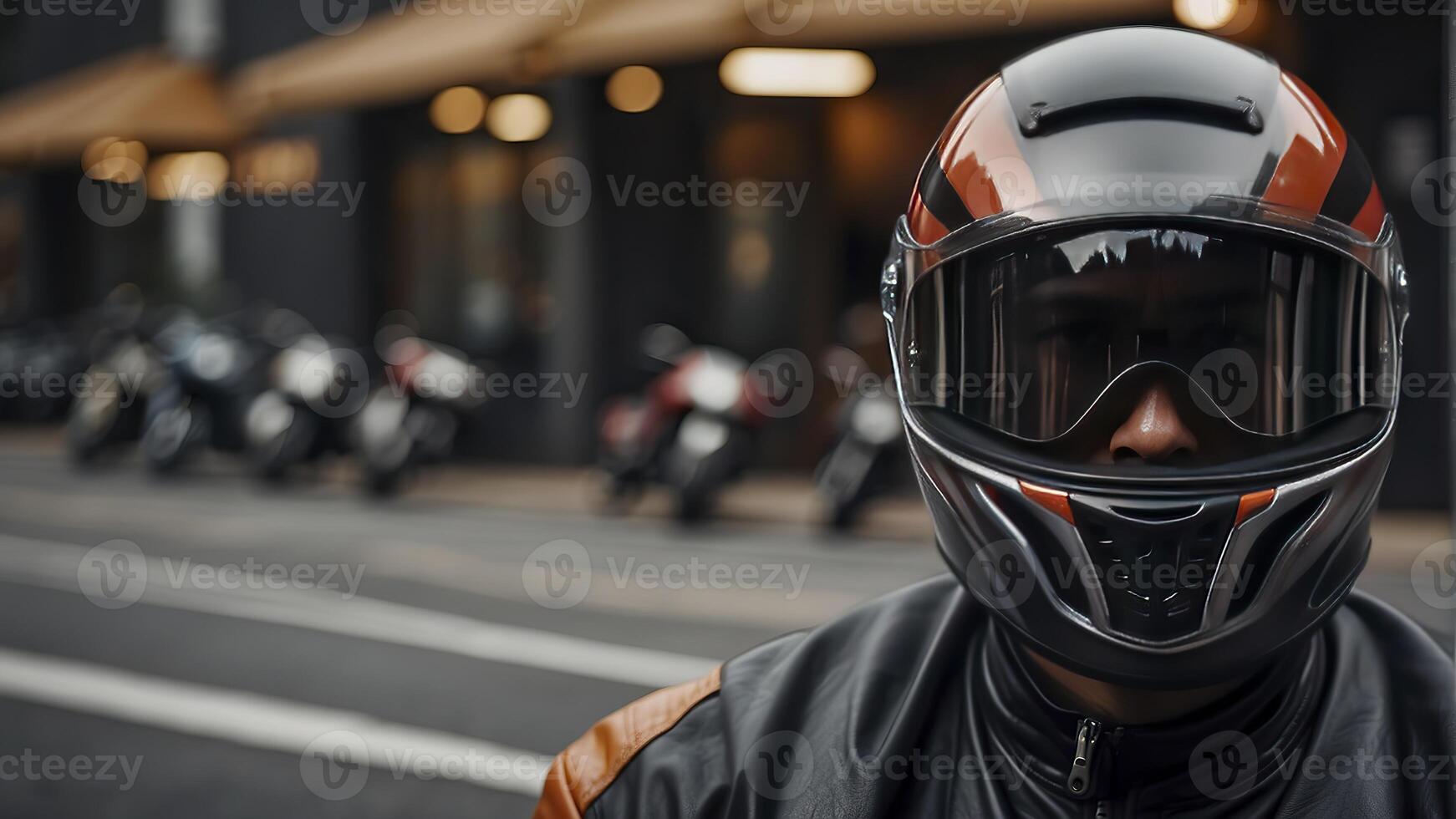 ai généré fermer de une motard sur moto, motard équitation une vélo, motard avec casque photo