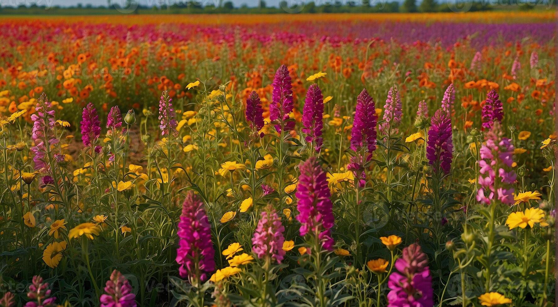 ai généré magnifique fleur champ, été scène, magnifique fleurs dans le champ, vert nature, panoramique vue photo