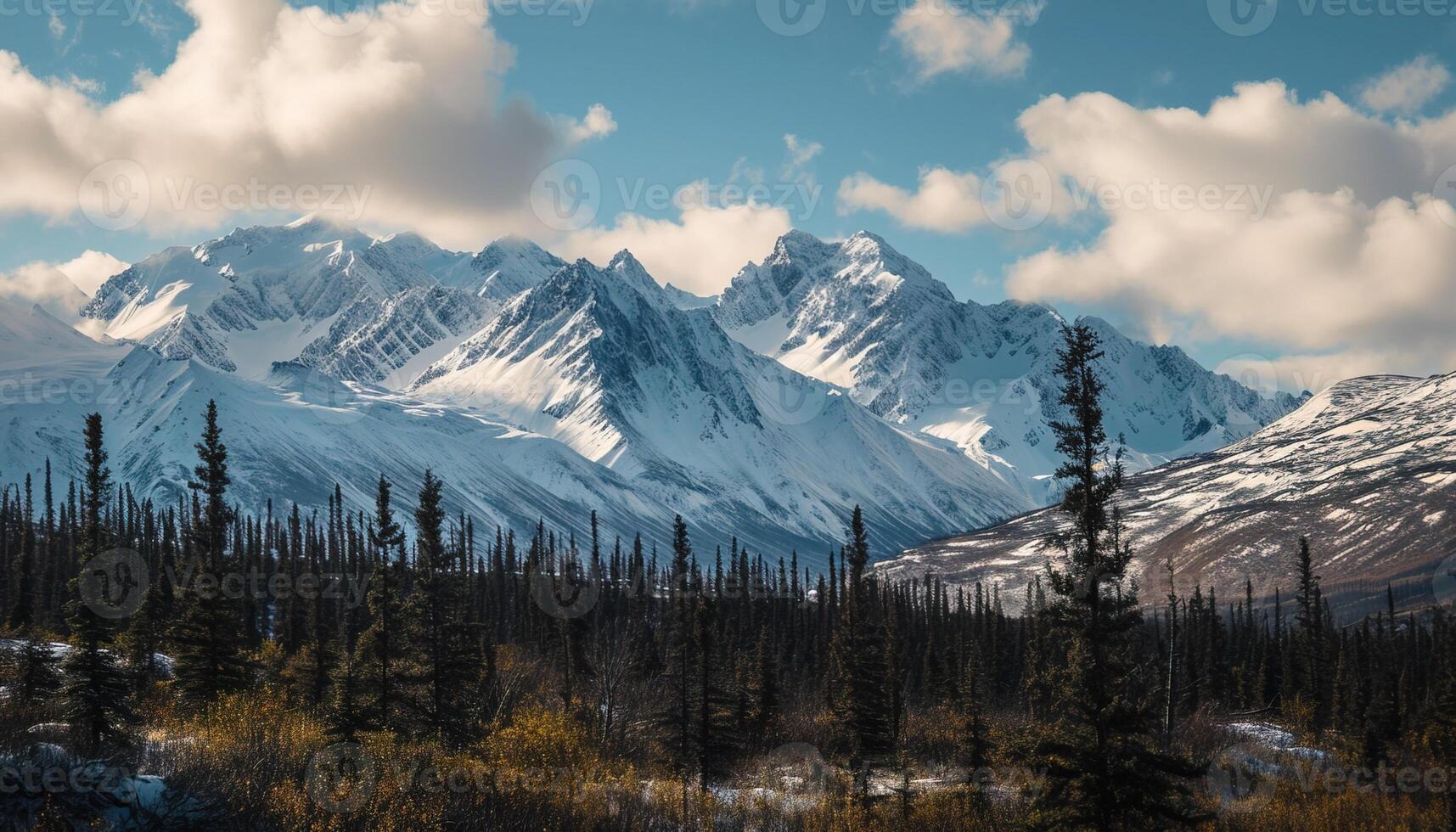 ai généré neigeux montagnes de Alaska, paysage avec les forêts, vallées, et rivières dans jour. serein région sauvage la nature composition Contexte fond d'écran, Voyage destination, aventure en plein air photo