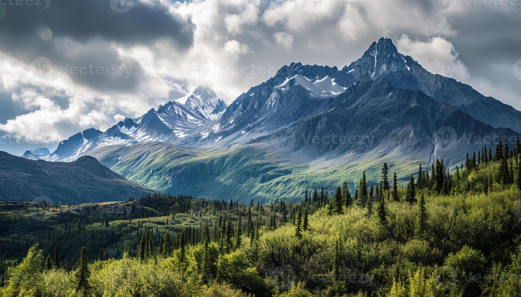 ai généré neigeux montagnes de Alaska, paysage avec les forêts, vallées, et rivières dans jour. serein région sauvage la nature composition Contexte fond d'écran, Voyage destination, aventure en plein air photo