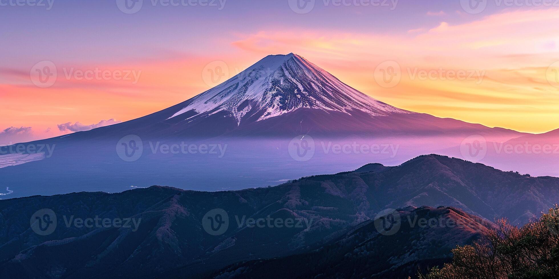 ai généré mt. Fuji, monter Fuji-san le plus haut volcan Montagne dans Tokyo, Japon. neige plafonné culminer, conique sacré symbole, violet, Orange le coucher du soleil la nature paysage toile de fond Contexte fond d'écran, Voyage photo