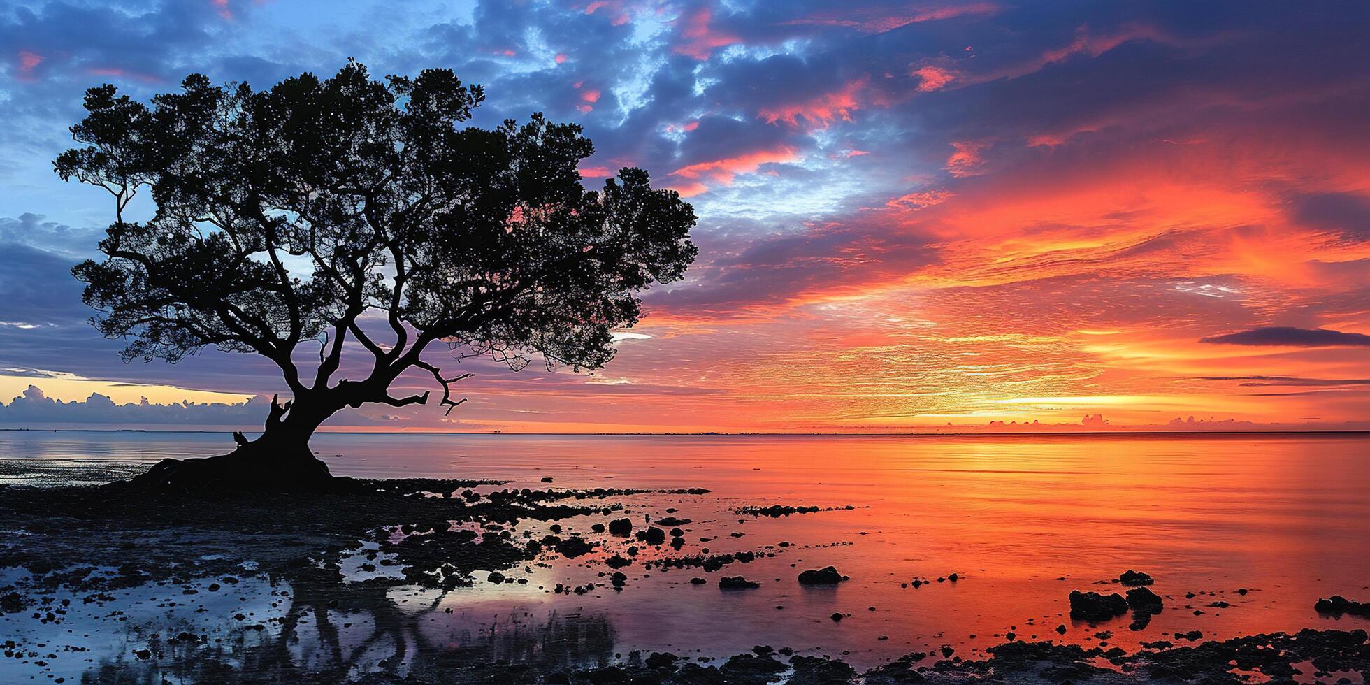 ai généré une silhouette de une arbre sur un île plage le coucher du soleil paysage. d'or heure soir ciel dans le horizon. pleine conscience, méditation, calme, sérénité, relaxation concept Contexte photo