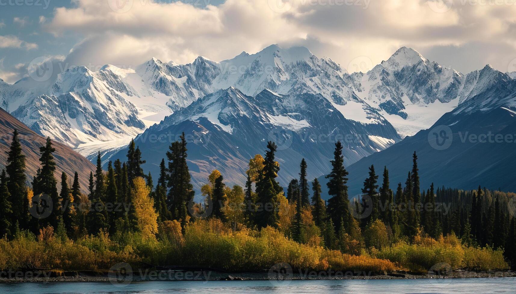 ai généré neigeux montagnes de Alaska, paysage avec les forêts, vallées, et rivières dans jour. Stupéfiant la nature composition Contexte fond d'écran, Voyage destination, aventure en plein air photo