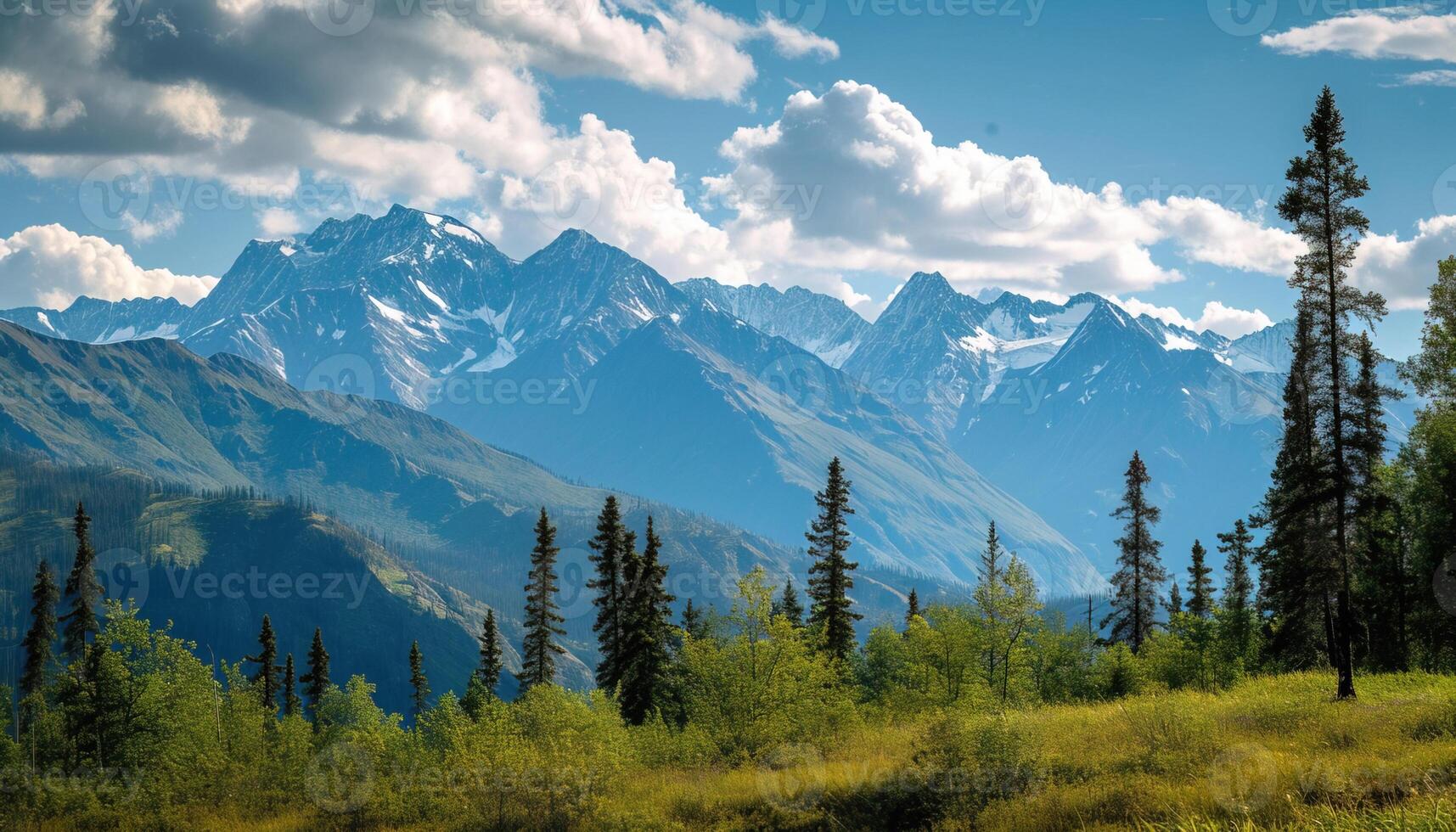 ai généré neigeux montagnes de Alaska, paysage avec les forêts, vallées, et rivières dans jour. serein région sauvage la nature composition Contexte fond d'écran, Voyage destination, aventure en plein air photo
