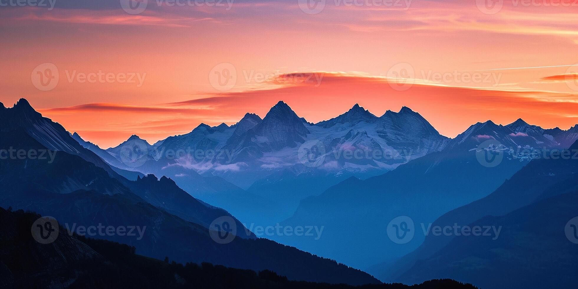 ai généré Suisse Alpes neigeux Montagne intervalle avec vallées et prairies, Suisse paysage. d'or heure coucher de soleil, serein idyllique panorama, majestueux nature, relaxation, calme concept photo