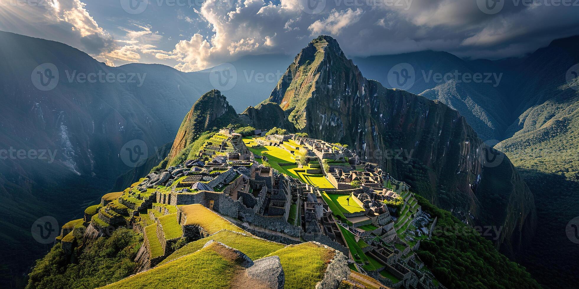 ai généré historique sanctuaire de machu Picchu sur une Montagne crête, est cordillère de du sud Pérou. inca citadelle dans le andes montagnes, ancien civilisation, la nature panorama paysage photo