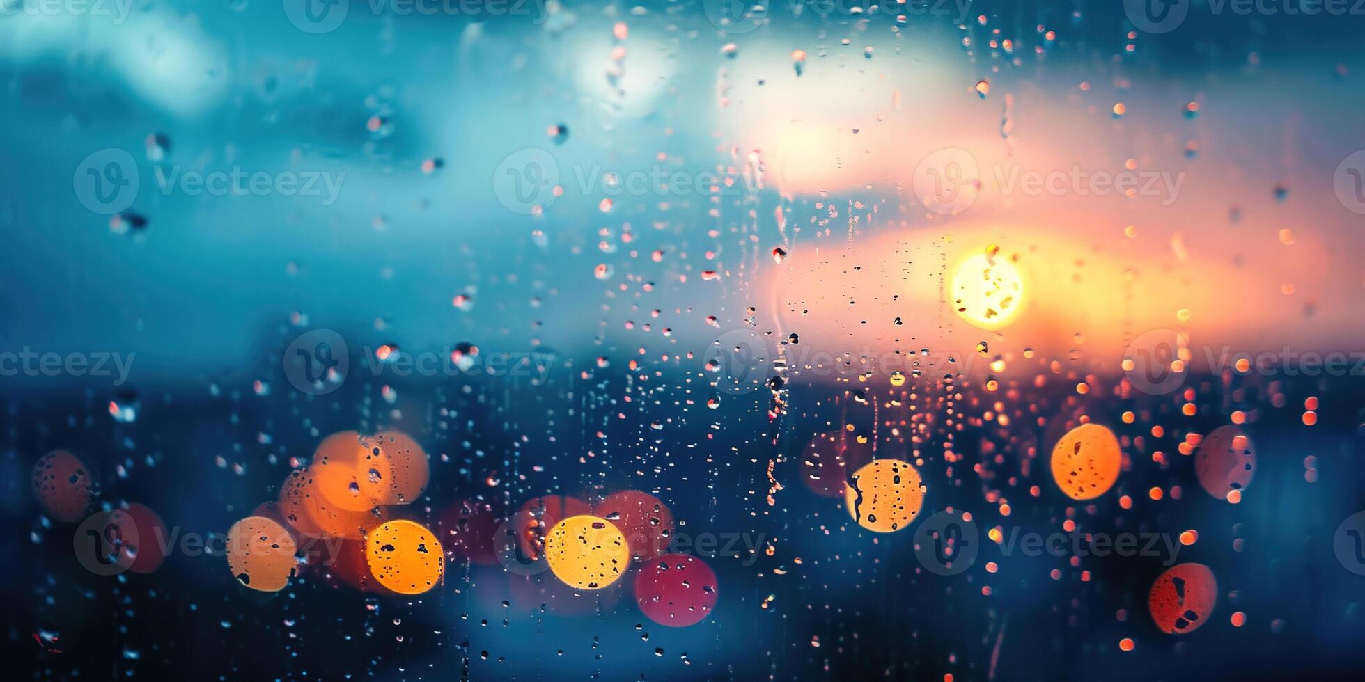 ai généré pluvieux fenêtre avec floue ville lumières dans le Contexte à le coucher du soleil. bokeh en dehors de concentrer se brouiller, du froid temps, mélancolique humeur, d'or heure rayons de soleil, désir concept toile de fond photo