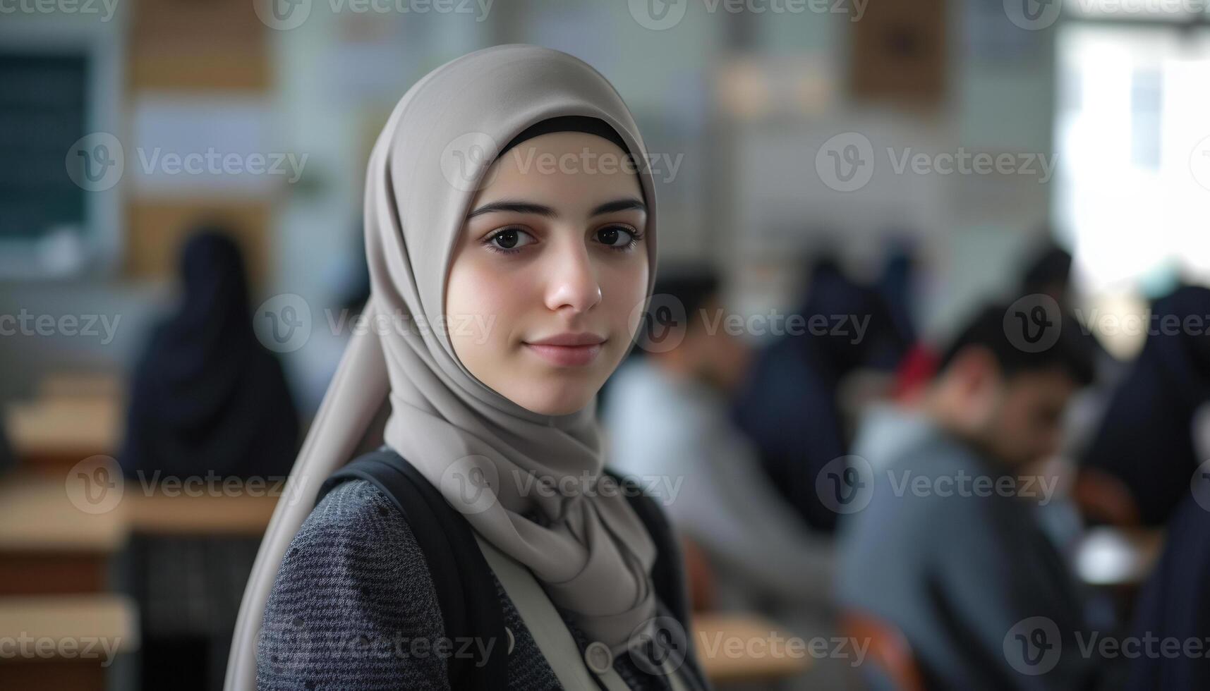 une Jeune musulman femme dans une hijab dans une salle de cours photo